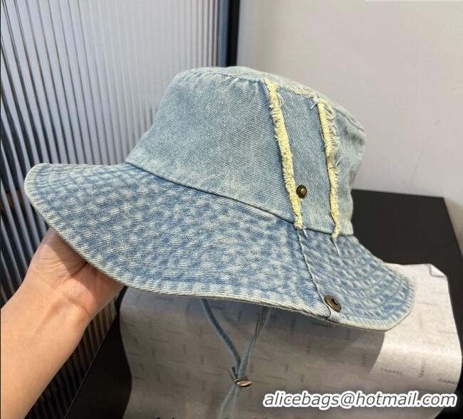 Luxury Cheap Louis Vuitton Denim Bucket Hat with Fringe 0617 Light Blue 2025