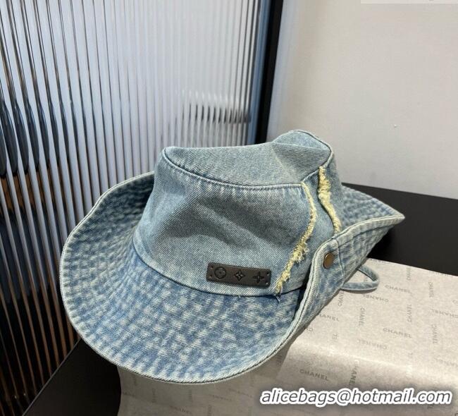 Luxury Cheap Louis Vuitton Denim Bucket Hat with Fringe 0617 Light Blue 2025