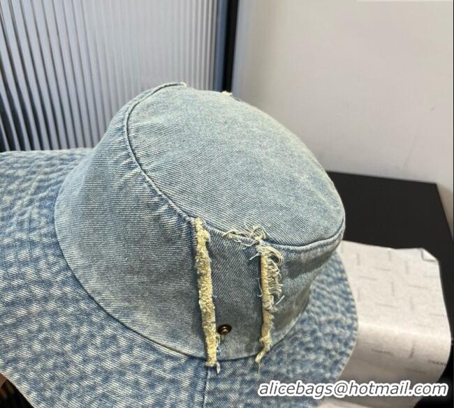Luxury Cheap Louis Vuitton Denim Bucket Hat with Fringe 0617 Light Blue 2025