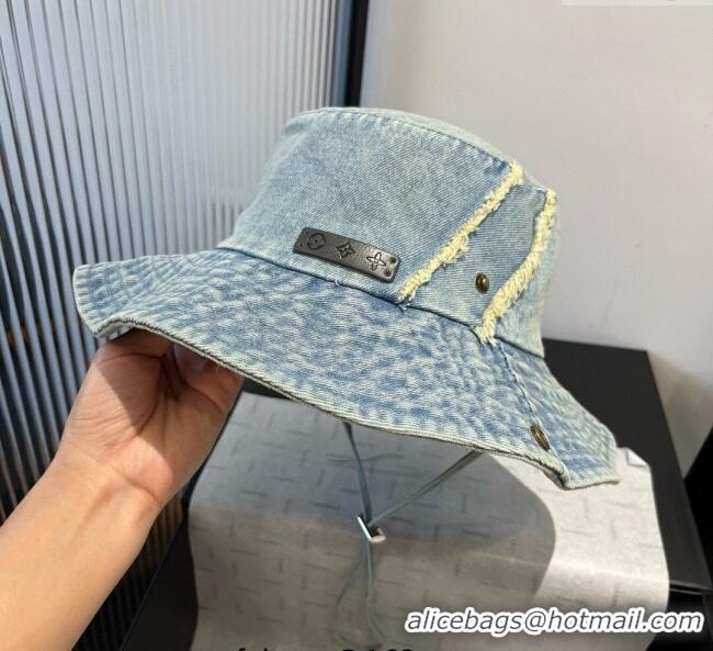 Luxury Cheap Louis Vuitton Denim Bucket Hat with Fringe 0617 Light Blue 2025