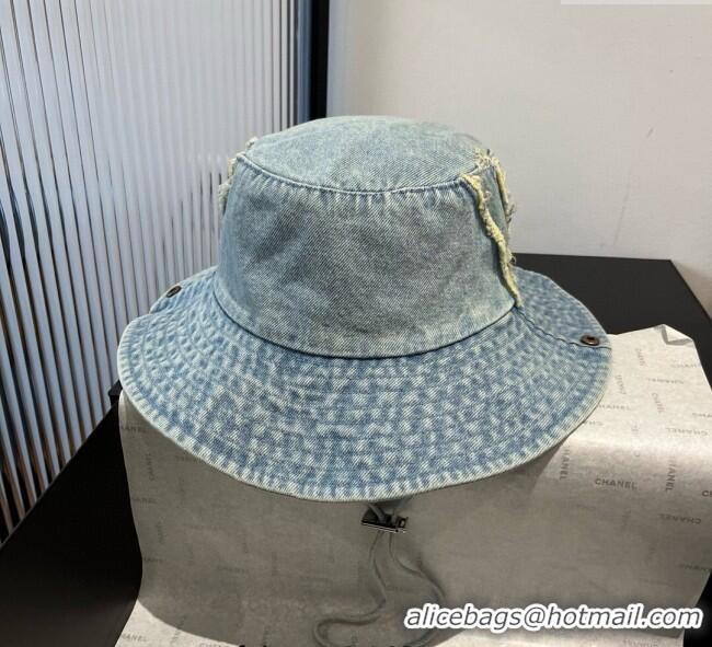 Luxury Cheap Louis Vuitton Denim Bucket Hat with Fringe 0617 Light Blue 2025