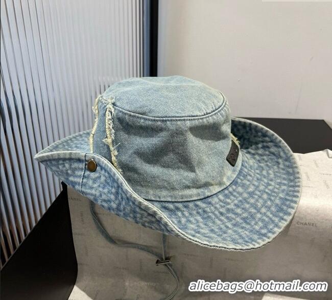 Luxury Cheap Louis Vuitton Denim Bucket Hat with Fringe 0617 Light Blue 2025