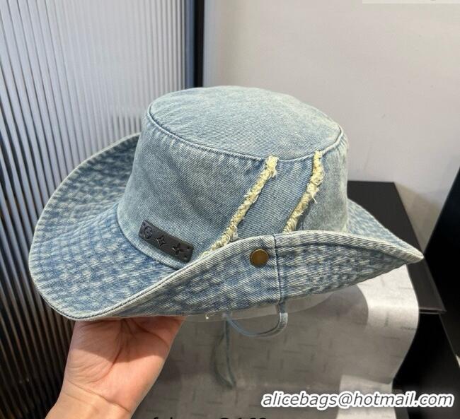 Luxury Cheap Louis Vuitton Denim Bucket Hat with Fringe 0617 Light Blue 2025