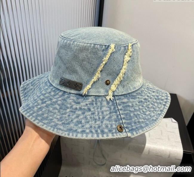Luxury Cheap Louis Vuitton Denim Bucket Hat with Fringe 0617 Light Blue 2025