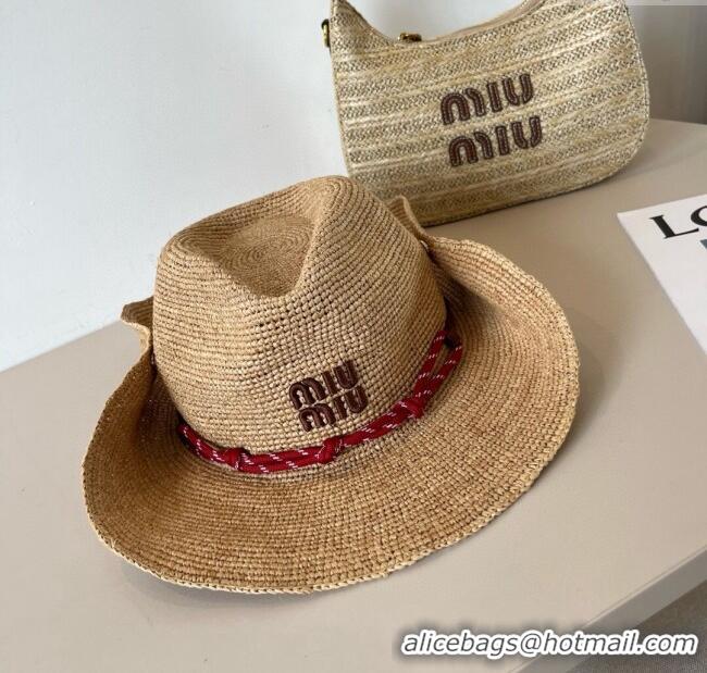 Buy Discount Miu Miu Straw Wide Brim Hat with Red Cord M7025 2025