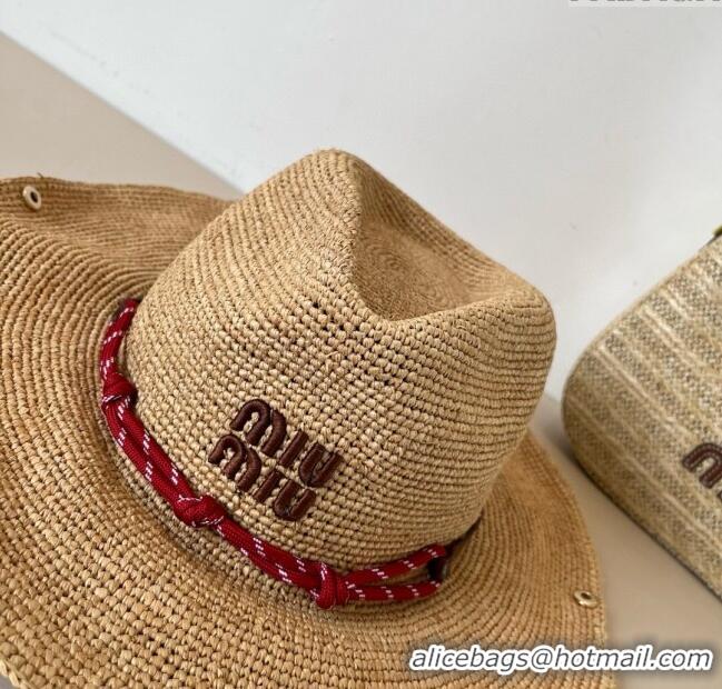 Buy Discount Miu Miu Straw Wide Brim Hat with Red Cord M7025 2025