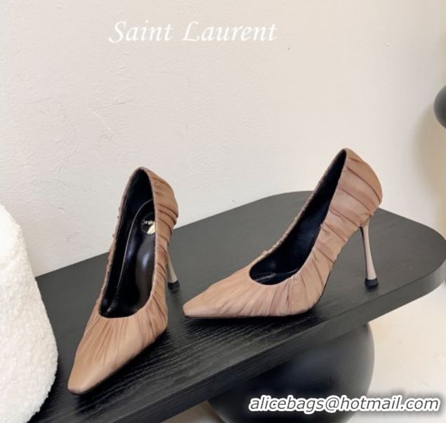 Buy Luxury Saint Laurent Mesh Covered High Heel Pumps 11cm Taupe 0424026