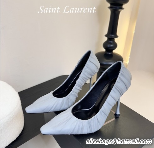 Good Quality Saint Laurent Mesh Covered High Heel Pumps 11cm Light Blue 0424025