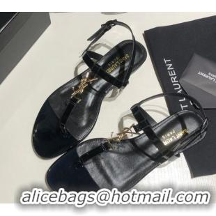 Top Grade Saint Laurent Cassandra Flat Thong Sandals in Patent Leather Black/Gold 0424001
