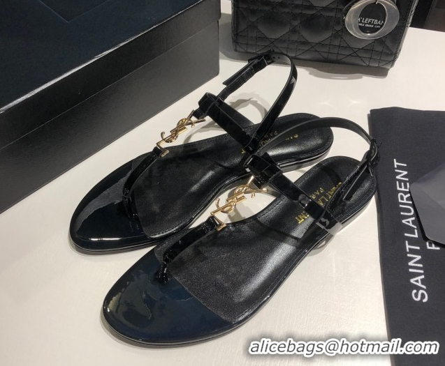 Top Grade Saint Laurent Cassandra Flat Thong Sandals in Patent Leather Black/Gold 0424001