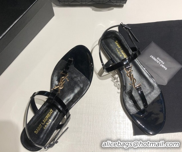 Top Grade Saint Laurent Cassandra Flat Thong Sandals in Patent Leather Black/Gold 0424001