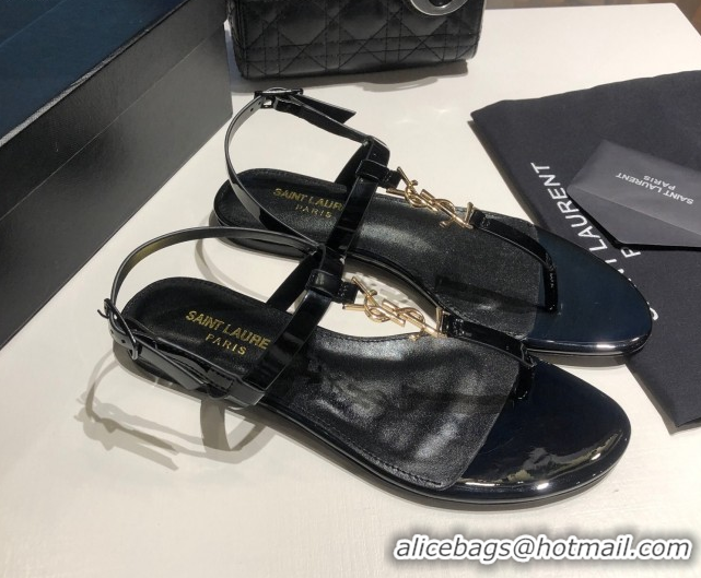 Top Grade Saint Laurent Cassandra Flat Thong Sandals in Patent Leather Black/Gold 0424001