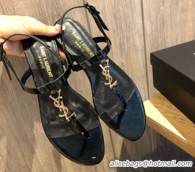 Top Grade Saint Laurent Cassandra Flat Thong Sandals in Patent Leather Black/Gold 0424001