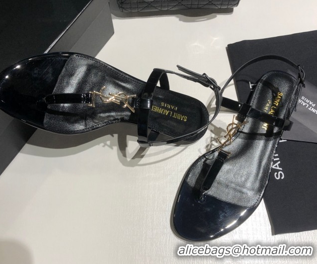 Top Grade Saint Laurent Cassandra Flat Thong Sandals in Patent Leather Black/Gold 0424001