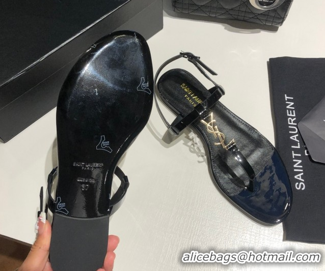 Top Grade Saint Laurent Cassandra Flat Thong Sandals in Patent Leather Black/Gold 0424001