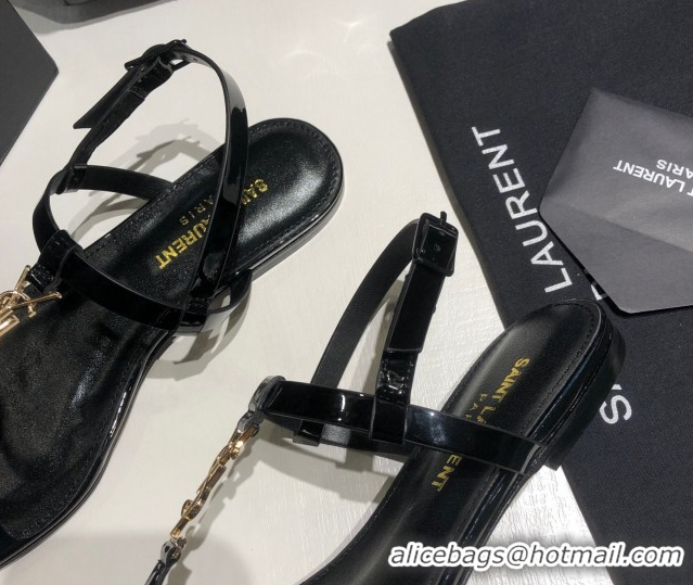 Top Grade Saint Laurent Cassandra Flat Thong Sandals in Patent Leather Black/Gold 0424001