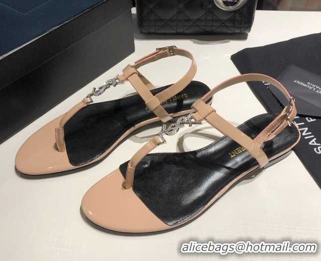 Shop Cheap Saint Laurent Cassandra Flat Thong Sandals in Patent Leather with Strass Nude 0424003