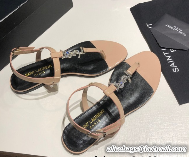 Shop Cheap Saint Laurent Cassandra Flat Thong Sandals in Patent Leather with Strass Nude 0424003