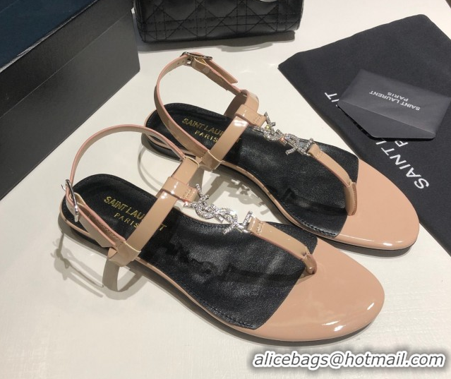 Shop Cheap Saint Laurent Cassandra Flat Thong Sandals in Patent Leather with Strass Nude 0424003