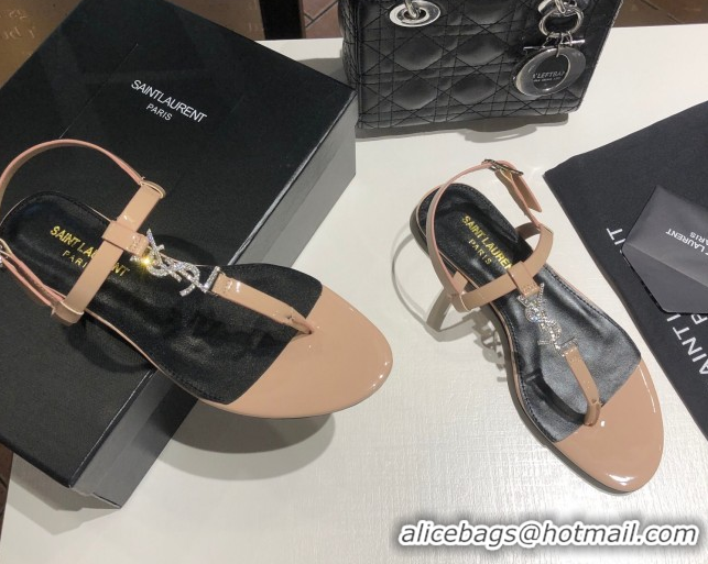 Shop Cheap Saint Laurent Cassandra Flat Thong Sandals in Patent Leather with Strass Nude 0424003