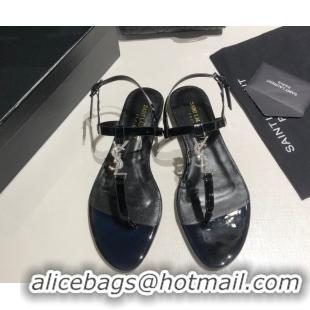 Pretty Style Saint Laurent Cassandra Flat Thong Sandals in Patent Leather with Strass Black 0424004
