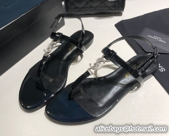 Pretty Style Saint Laurent Cassandra Flat Thong Sandals in Patent Leather with Strass Black 0424004
