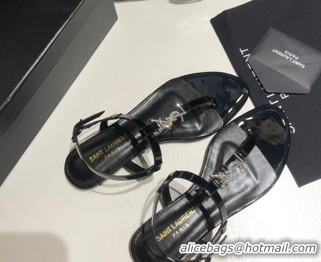 Pretty Style Saint Laurent Cassandra Flat Thong Sandals in Patent Leather with Strass Black 0424004