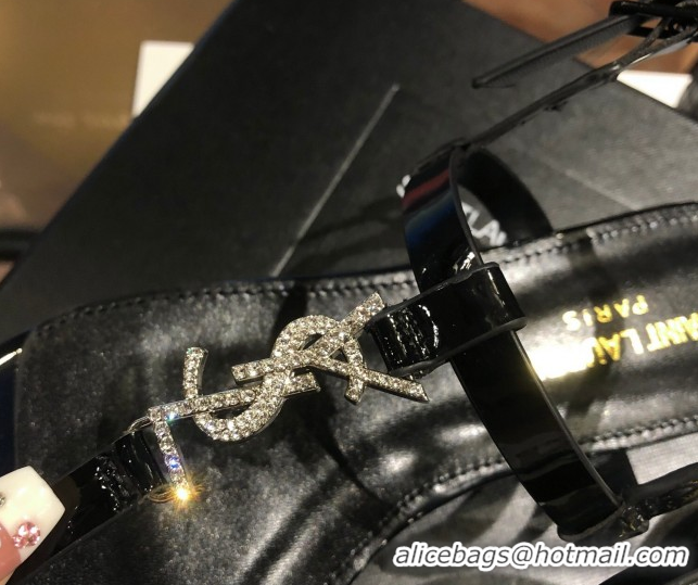 Pretty Style Saint Laurent Cassandra Flat Thong Sandals in Patent Leather with Strass Black 0424004