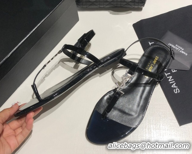 Pretty Style Saint Laurent Cassandra Flat Thong Sandals in Patent Leather with Strass Black 0424004