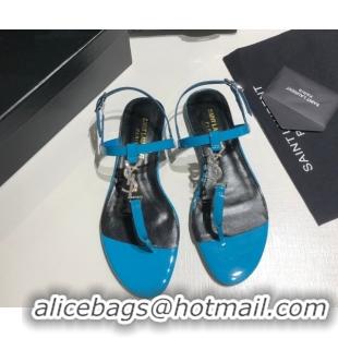 Unique Style Saint Laurent Cassandra Flat Thong Sandals in Patent Leather with Strass Blue 0424005