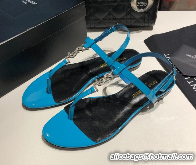 Unique Style Saint Laurent Cassandra Flat Thong Sandals in Patent Leather with Strass Blue 0424005