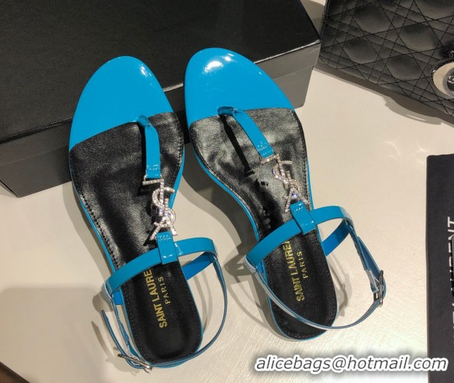 Unique Style Saint Laurent Cassandra Flat Thong Sandals in Patent Leather with Strass Blue 0424005