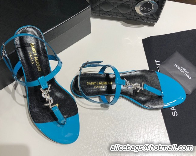 Unique Style Saint Laurent Cassandra Flat Thong Sandals in Patent Leather with Strass Blue 0424005