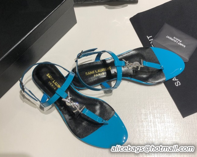 Unique Style Saint Laurent Cassandra Flat Thong Sandals in Patent Leather with Strass Blue 0424005