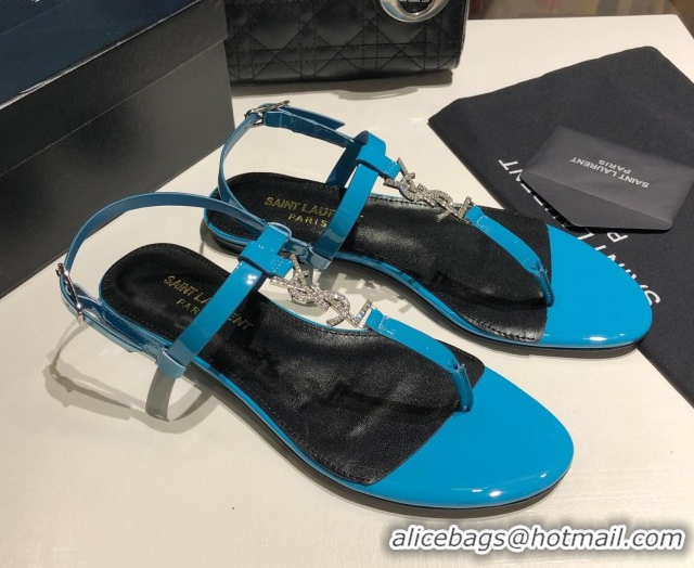 Unique Style Saint Laurent Cassandra Flat Thong Sandals in Patent Leather with Strass Blue 0424005