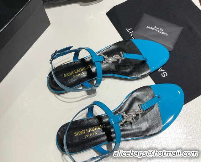Unique Style Saint Laurent Cassandra Flat Thong Sandals in Patent Leather with Strass Blue 0424005