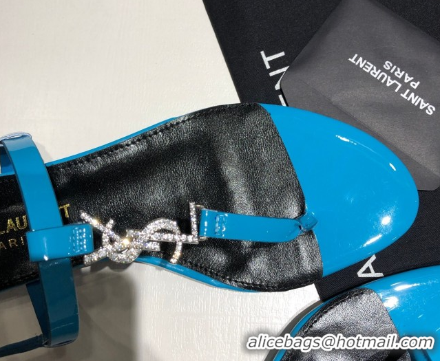 Unique Style Saint Laurent Cassandra Flat Thong Sandals in Patent Leather with Strass Blue 0424005