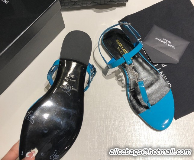 Unique Style Saint Laurent Cassandra Flat Thong Sandals in Patent Leather with Strass Blue 0424005
