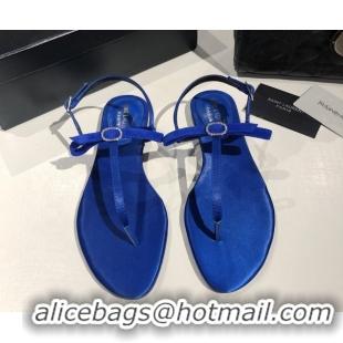 Low Cost Saint Laurent Suede Flat Thong Sandals with Strass Bow Blue 0424007