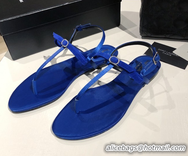 Low Cost Saint Laurent Suede Flat Thong Sandals with Strass Bow Blue 0424007