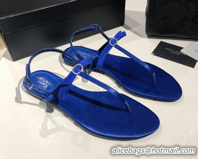 Low Cost Saint Laurent Suede Flat Thong Sandals with Strass Bow Blue 0424007