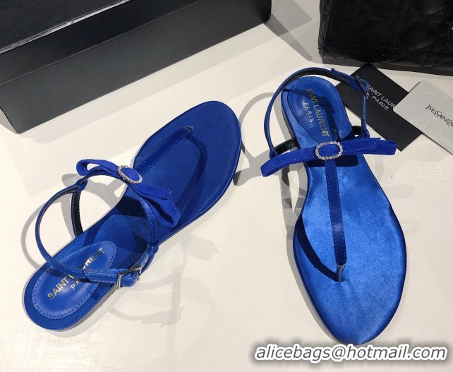 Low Cost Saint Laurent Suede Flat Thong Sandals with Strass Bow Blue 0424007