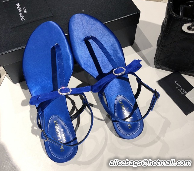 Low Cost Saint Laurent Suede Flat Thong Sandals with Strass Bow Blue 0424007
