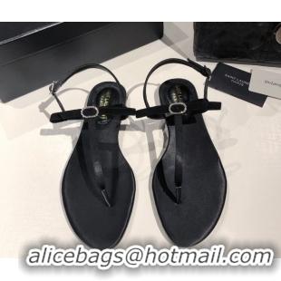 Top Design Saint Laurent Suede Flat Thong Sandals with Strass Bow Black 0424006