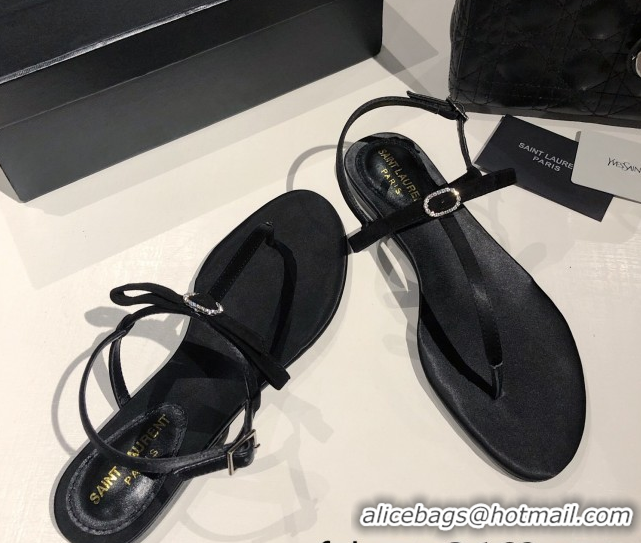 Top Design Saint Laurent Suede Flat Thong Sandals with Strass Bow Black 0424006