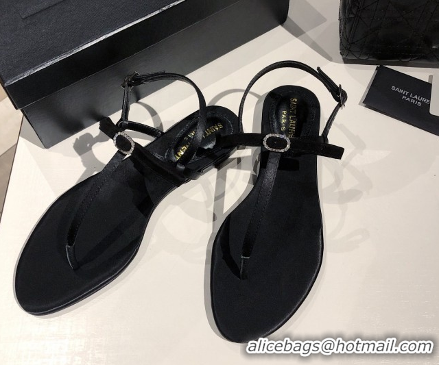 Top Design Saint Laurent Suede Flat Thong Sandals with Strass Bow Black 0424006