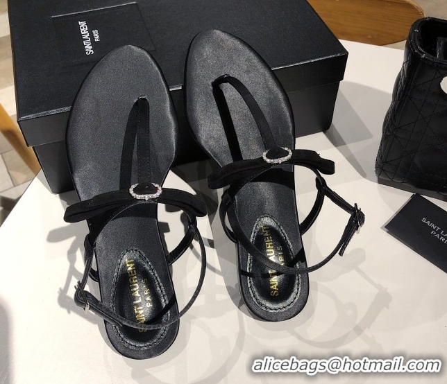 Top Design Saint Laurent Suede Flat Thong Sandals with Strass Bow Black 0424006