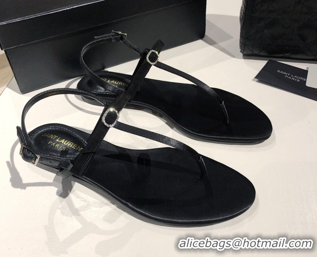Top Design Saint Laurent Suede Flat Thong Sandals with Strass Bow Black 0424006