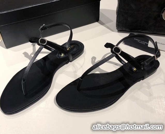 Top Design Saint Laurent Suede Flat Thong Sandals with Strass Bow Black 0424006
