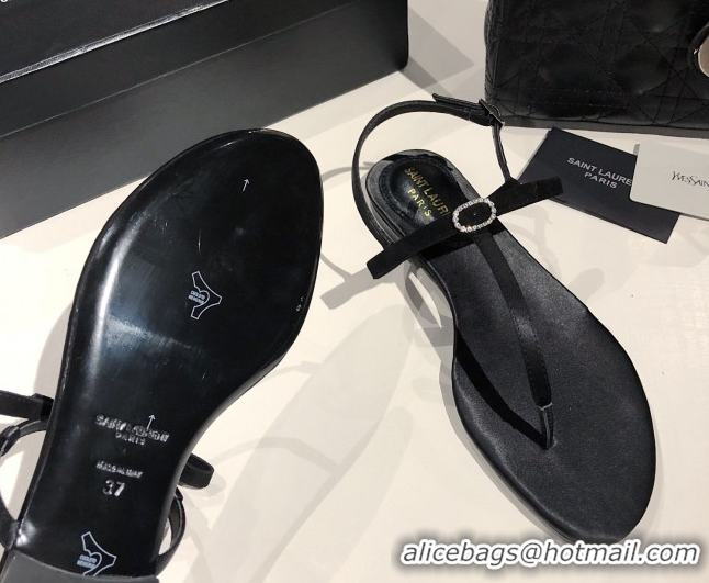 Top Design Saint Laurent Suede Flat Thong Sandals with Strass Bow Black 0424006